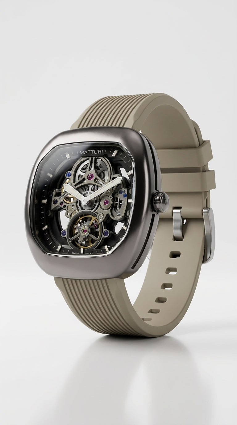 Matturi Tourbillon Skeleton Automatic Watch — Matte Titanium & Sand Edition