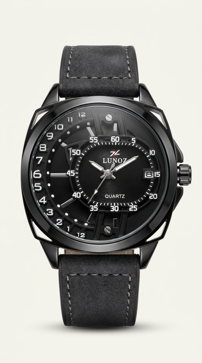 Lunoz Dual-Orbit Stealth Quartz Watch — Suede Charcoal Strap