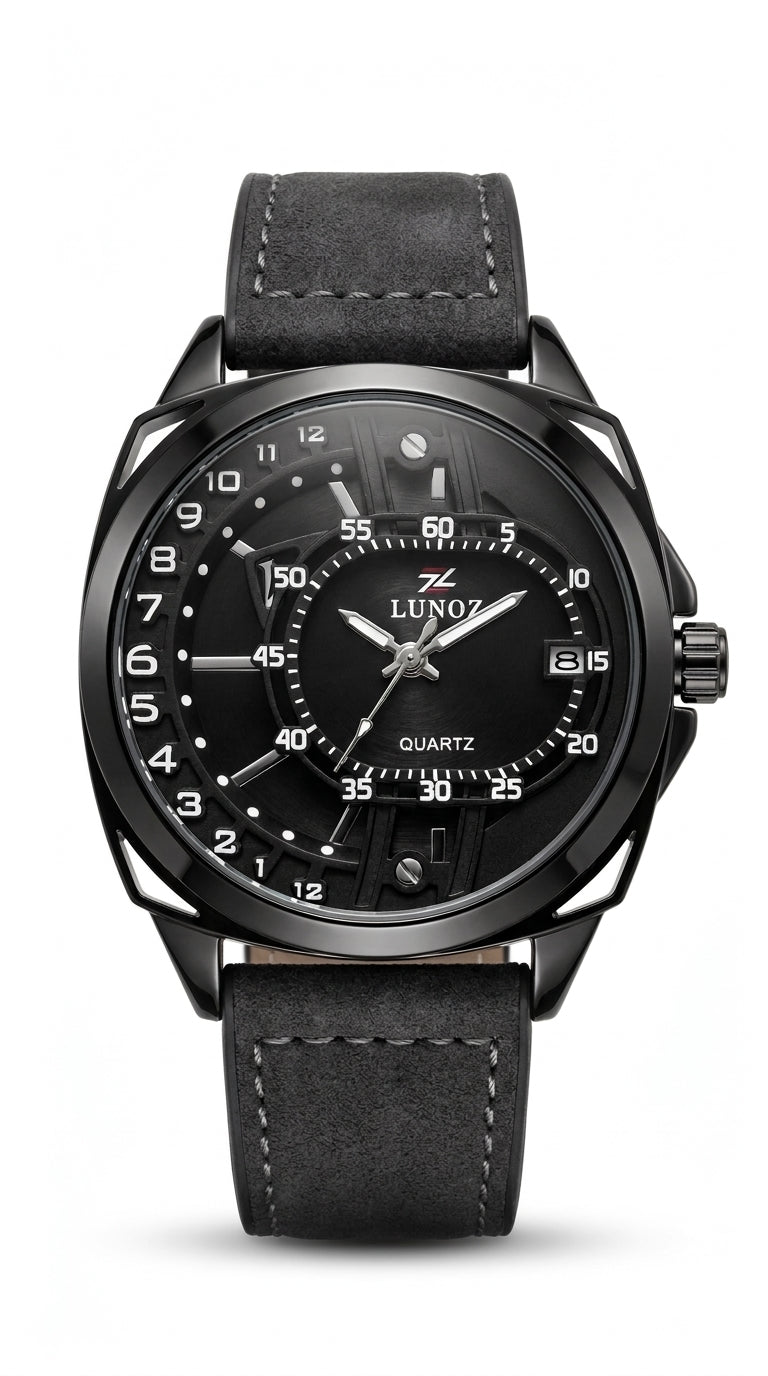 Lunoz Dual-Orbit Stealth Quartz Watch — Suede Charcoal Strap