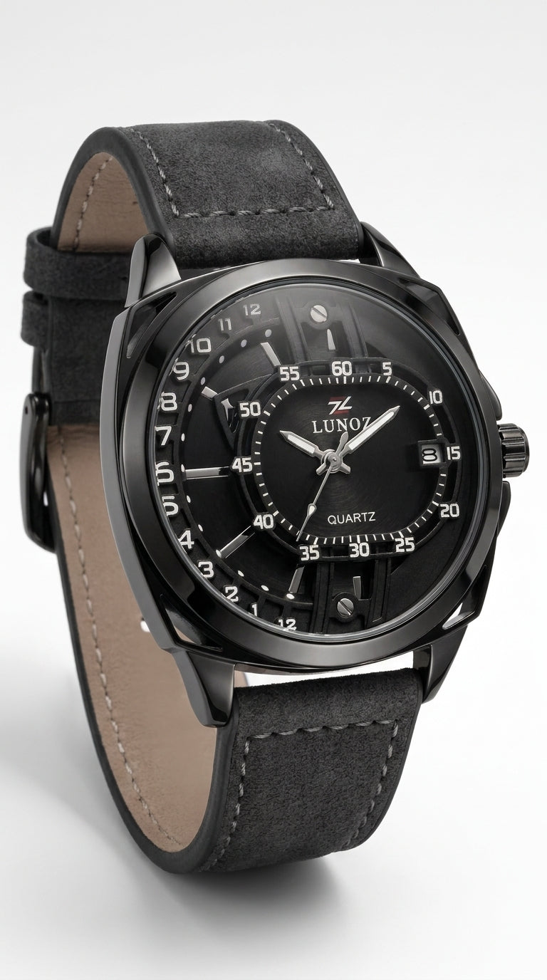 Lunoz Dual-Orbit Stealth Quartz Watch — Suede Charcoal Strap