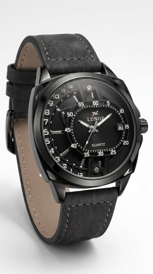 Lunoz Dual-Orbit Stealth Quartz Watch — Suede Charcoal Strap