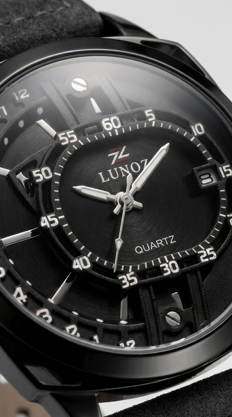 Lunoz Dual-Orbit Stealth Quartz Watch — Suede Charcoal Strap