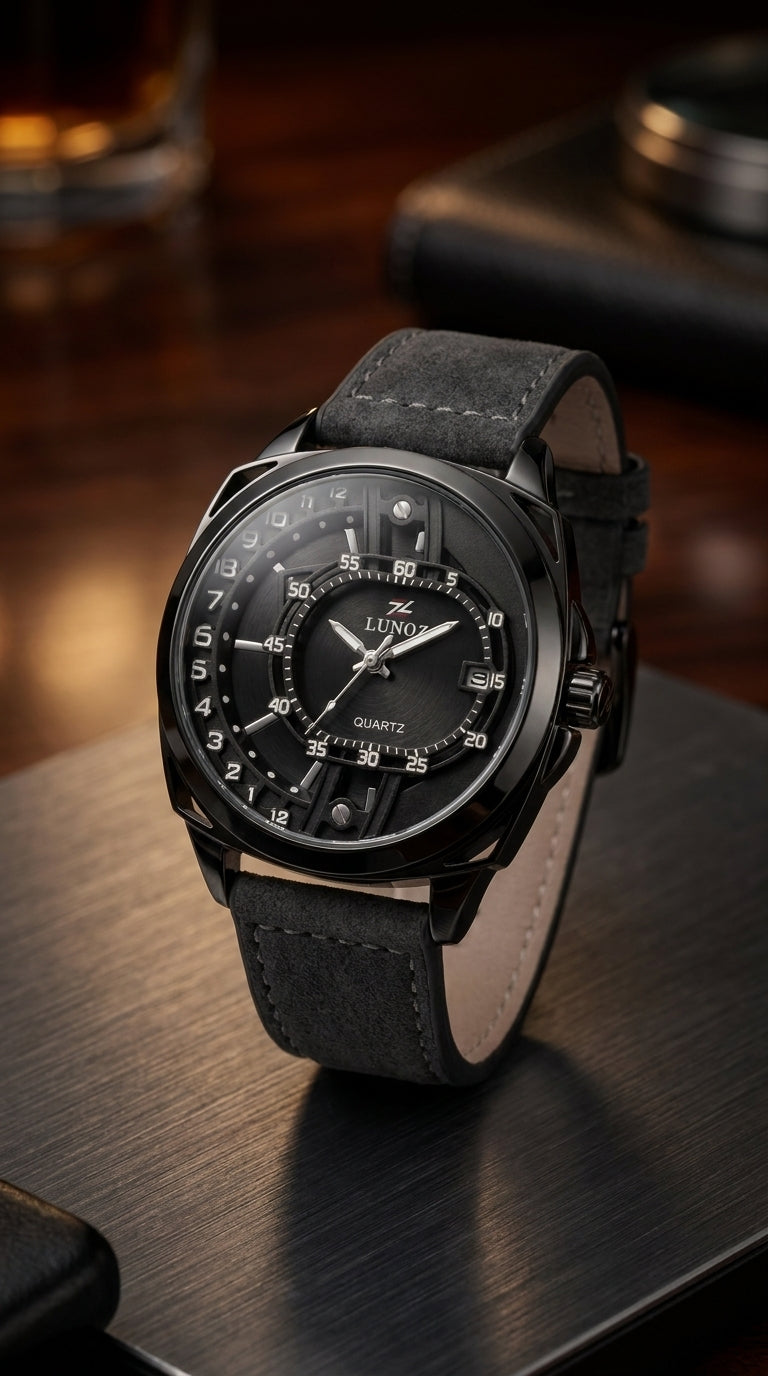 Lunoz Dual-Orbit Stealth Quartz Watch — Suede Charcoal Strap