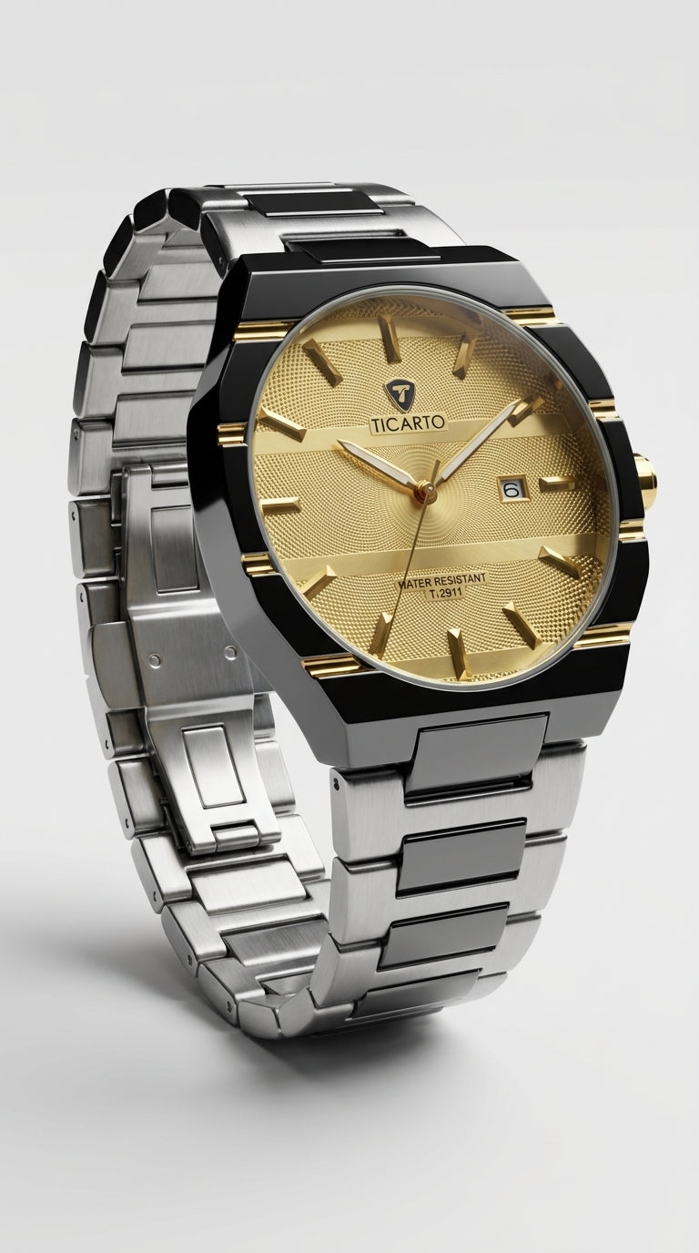 Ticarto Octagonal Geometric Men’s Watch — Stainless Steel Edition