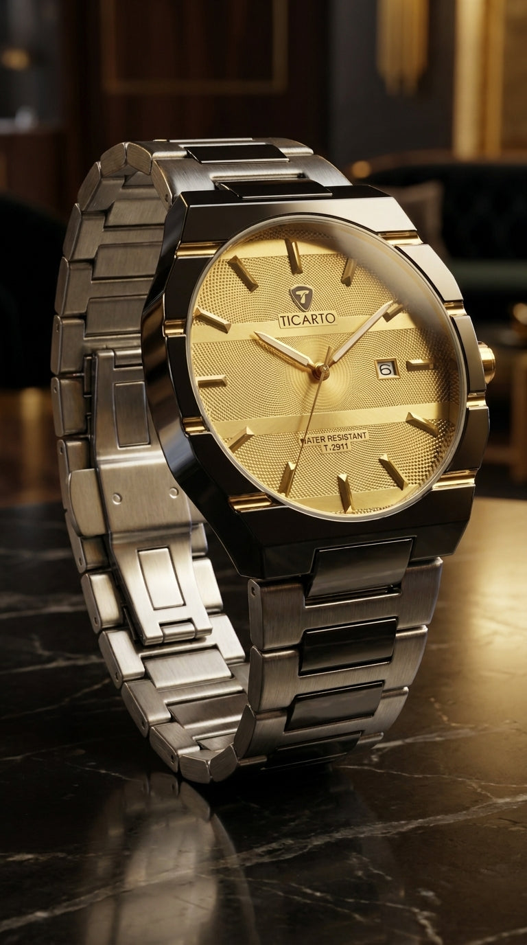 Ticarto Octagonal Geometric Men’s Watch — Stainless Steel Edition