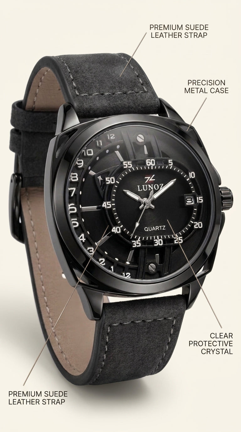 Lunoz Dual-Orbit Stealth Quartz Watch — Suede Charcoal Strap