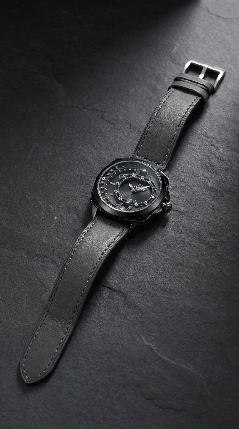 Lunoz Dual-Orbit Stealth Quartz Watch — Suede Charcoal Strap