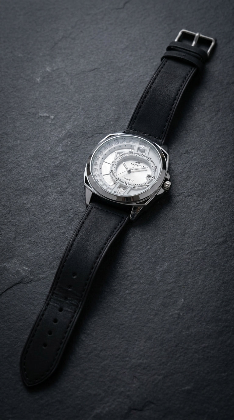 Lunoz Dual-Orbit Stealth Quartz Watch — Suede Charcoal Strap