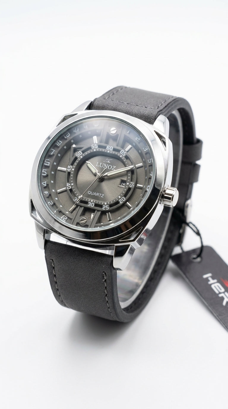 Lunoz Dual-Orbit Stealth Quartz Watch — Suede Charcoal Strap